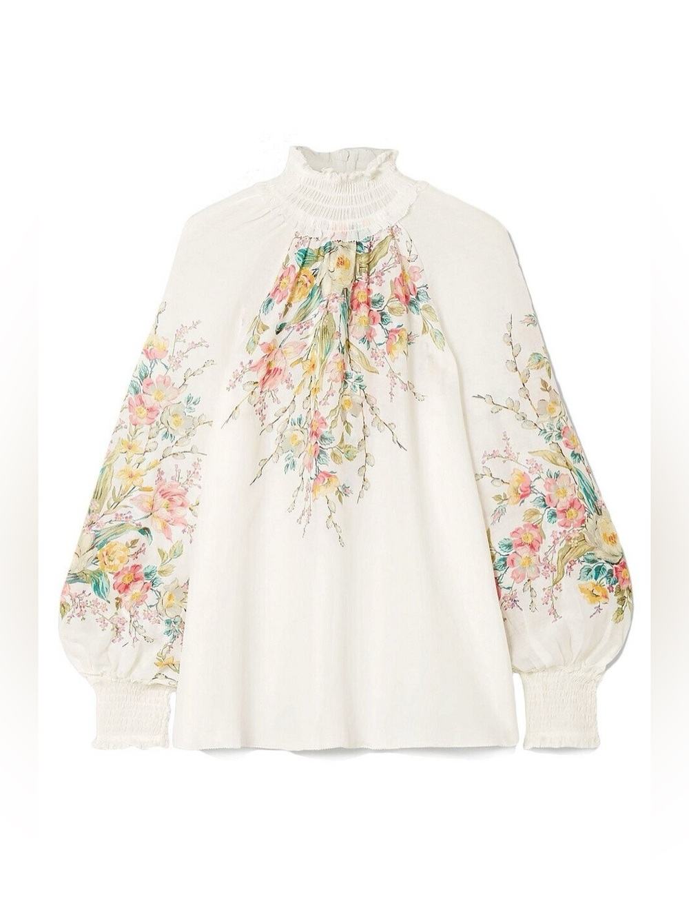 Zimmermann White Floral Embroidered High-Neck Blouse Sz AU 1
